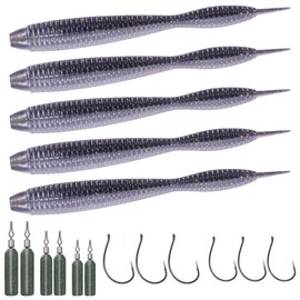 Drop-Shot-Rigs-for-Bass-Fishing-Soft-Plastic-Lures-Worm Fishing Hooks, 4 inch Rubber Worms, Wacky Worms, Straight Tail Stick Baits -22 Piece Kit with 10 Bodies, 6 Hooks, 6 Weights