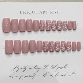Valentine Press on Nails Square Fake Nails with Designs Glossy White Heart Nails Press ons Nude Pink False Nails Medium Coffin Acrylic Nails Glitter Glue on Nails Swirl Stick on Nails for Women 24Pcs