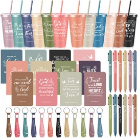 Hollowfly 12 Set / 48 Pcs Christian Church Gifts Plastic Cups with Bible Verse Pens Keychains Notebooks for Women Men Volunteer Christian Party Gifts (Morandi Color)