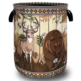 Funny Laundry Basket Oxford Cloth Forest Animal Bear and Deer Laundry Hamper With Handle Foldable Portable Clothes Storage Basket Colorful Laundry Bag 18.9"x16.5" For Laundry Room/Bedroom/Bathrooms