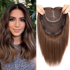 Lovenea Human Hair Toppers for Women 18 * 20 cm Large Area Cover 8 Inch 4# Color Straight Hair Swiss Lace Base Clip in Human Hair Topper Hairpiece for Hair Loss Thinning Hair (8 Inch, 4#)