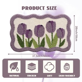 Wave-Shaped Tulip Bath Mat, Soft Non-Slip Fluffy Fresh Flowers Bathroom Rug, Ultra Absorbent Microfiber Shaggy Doormat, Machine Washable Floral Bath Rug for Bathroom Bedroom 20x31 Inch