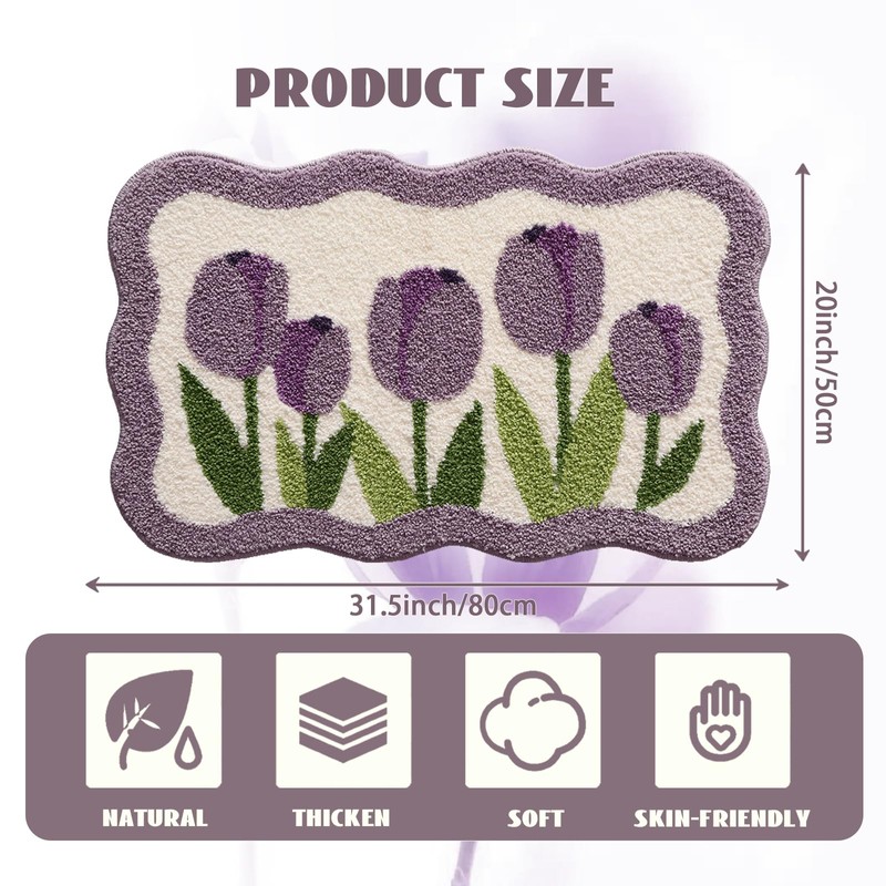 Wave-Shaped Tulip Bath Mat, Soft Non-Slip Fluffy Fresh Flowers Bathroom