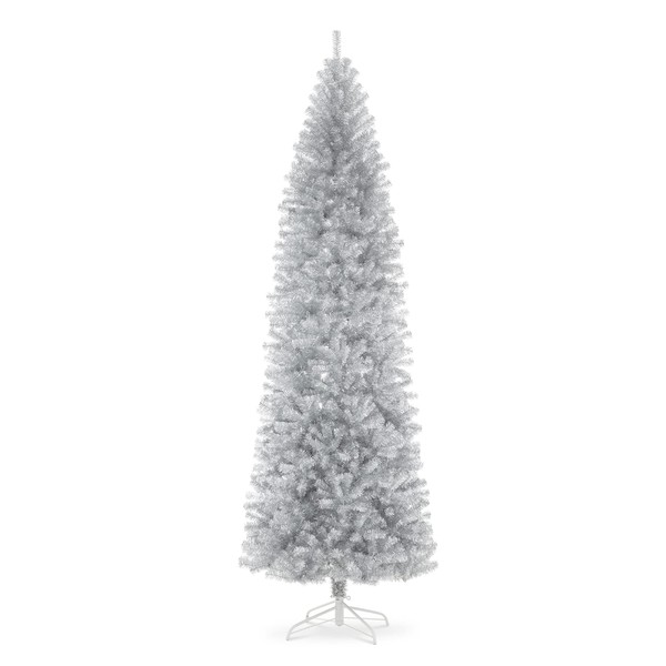 Glitzhome 9ft Silver Tinsel Artificial Christmas Tree, Large Xmas Tree