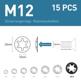 BOUMVID Pack of 15 M12 Starlock Washers, Black Circlips Clamping Ring Clamping Discs, 65Mn Manganese Steel Inner Tooth Starlock Washers, Speed Tooth Lock Washers