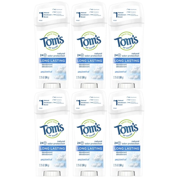 Tom's of Maine Natural Deodorant Stick, Unscented, 2.25 Ounce, Pack of 6