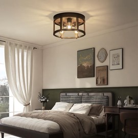 MAYNA 3-Light Retro Farmhouse Flush Mount Ceiling Light, Round Vintage Metal and Wood Ceiling Light Fixtures, Rustic Ceiling Lamp for Kitchen Hallway Entryway Bedroom Dining Room