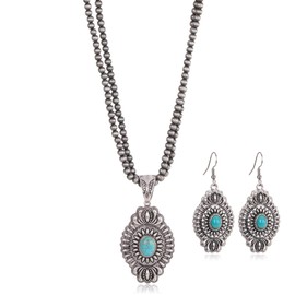 Rustic Couture's Western Jewelry Set for Women Cowgirl Turquoise Vintage Western Bohemian Turquoise Pendant Necklace Earring WJ-1017TQ