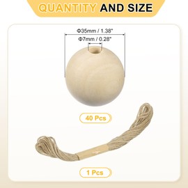 sourcing map 40Pcs Wooden Beads, 35mm/1.4inch Natural Color Ball Spacer Bead Unfinished Round Loose Beads for Crafts Making Party Decoration (7mm Hole)