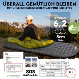 HIKENTURE 6.2 R-Value Camping Sleeping Mat, Ultralight, 8 cm Thick, Inflatable Sleeping Mat, Camping Air Mattress, Small Pack Size for 4 Seasons, Sleeping Mat for Camping, Outdoor, Hiking - A1