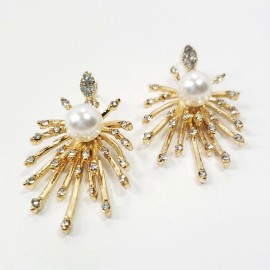 Fashion Jewelry E0623 Gold Tone Metal Rhinestones Pearl Deco Spike Design Drop Dangle Earrings
