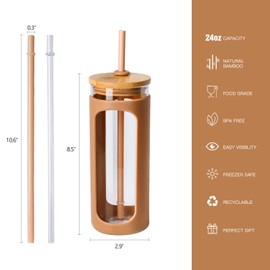 Kodrine 20oz Glass Tumbler with Straw and Lid, Iced Coffee Cups with Bamboo Lids, Glass Cups for Cold Drinks, Smoothie Cup with Silicone Sleeve for Travel, Work, BPA FREE-Mocha Mousse