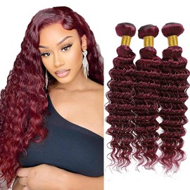 Vinmdonm Burgundy 99J Deep Wave Human Hair Bundles 8A Grade Remy Hair 3 Bundles 28 28 28 Inch Red Deep Wave Human Hair Weave