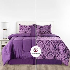 LUX Décor Reversible 5pc Queen Comforter Set with Sheets, Printed Bedding Set, All-in-One Bed in a Bag, Includes 1 Comforter, 2 Pillow Shams, 1 Decorative Pillow & 1 Bed Skirt (Paisley Purple,Queen)