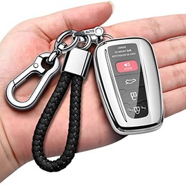 Compatible With Toyota Key Fob Cover with Keychain Soft TPU Key Shell Case,For 2020-2022 Highlander 2018-2022 RAV4 Camry C-HR Corolla Avalon Prius GT86 Smart Key-Silver