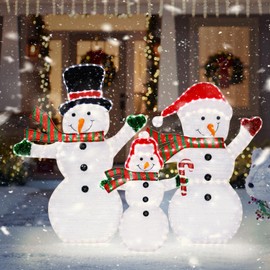 4.2FT Christmas Snowman Family Set, 3 Piece 440 LED Pre-Lit Large Lighted Snowman Family 2D Holiday Decoration for Outdoor Garden Holiday Decor, Christmas Event Decoration, Christmas Eve Night