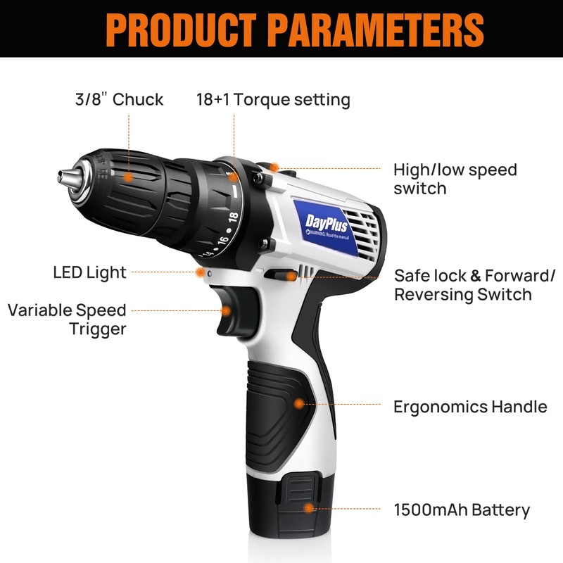 Cordless Drill, 12V Power Drill/Driver Set with 3/8'' Keyless Chuck,