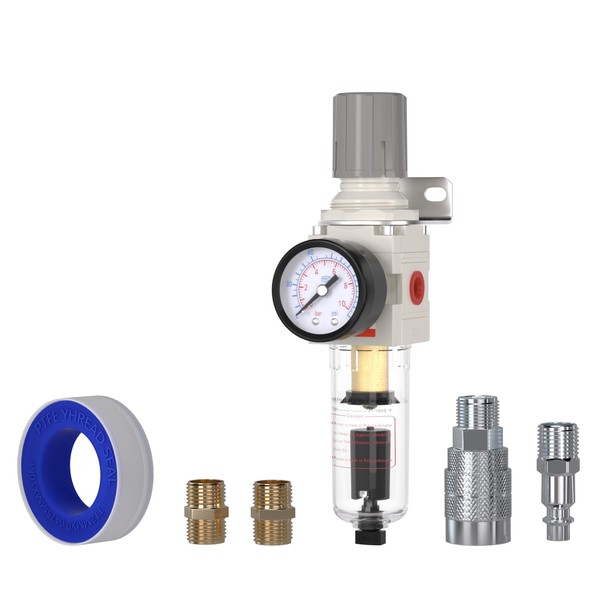 AIRZOE 1/4"NPT Air Filter Regulator Combo Piggyback,5 Micron Brass Element,