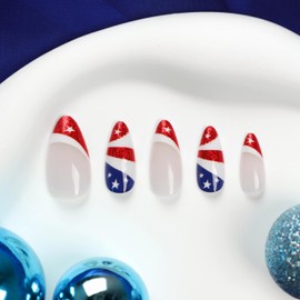 BABALAL 4th of July Press on Nails Medium Almond Fake Nails Glue on Nails Red Blue Swirl Independent Design Acrylic Nails 24Pcs USA Star Bling Stiletto Full Cover False Nails