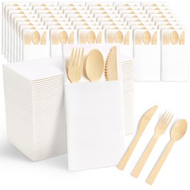 FEHHTO Napkin and Bamboo Cutlery Set, Compostable Utensils Disposable Cutlery for Party, Wedding, BBQ, Camping, Events-50 Pack (Forks, Knives, Spoons, Folded Napkins)