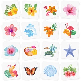 256PCS Hawaiian Glitter Hibiscus Flower Tattoos – Summer Tropical Luau Stickers Party Decorations Supplies Favors