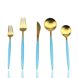 JASHII Silverware Sets, 20-Piece Flatware 18/10 Stainless Steel Heavy Weight Forged Cutlery Eating Utensils Forks Spoons Knives Set Tableware Service for 4 Matte Finished (Blue & Gold)