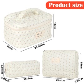 Women's Travel Cosmetic Bag Set, Cotton Toiletry Bag Set, Women's Quilted Toiletry Bag with Floral Pattern, Pack of 3, White-bee