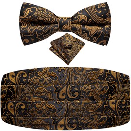 Dubulle Mens Paisley Floral Cummerbundnd and Bowtie Set Silk Pretied Bow Tie with Pocket Square Tuxedo Suit,Black Golds