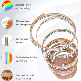 DAOKAI 5m/16.4ft Rainbow Ribbon Cable 10 Pin IDC Cable Kit PVC and Copper Compatible with 2.54mm Connectors with FC-10P IDC Female Connectors