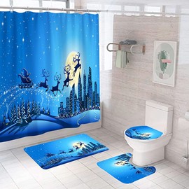 Christmas Shower Curtains Sets for Bathroom,4 Pcs Xmas Decorations with Bath Rugs, Washable Non-Slip Mats and Waterproof Bathtub Curtain with Hooks for Bath Decor…