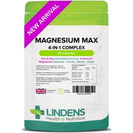Lindens - Magnesium Max 4-in-1 Complex, 90 Caps - 1 a Day, UK Made - Muscle Support, Bone Health & Energy Boost - Magnesium Glycinate, Citrate, Malate & Oxide - Letterbox Friendly, Vegan