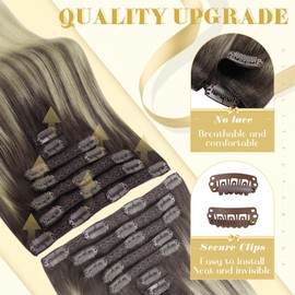 Ve Sunny Clip in Human Hair Extensions Ombre Clip in Extensions Natural Look Human Hair Extensions Clip ins Dark Brown Ombre Golden Blonde Mix Light Blonde Easy to Wear Long Straight 7pcs 120g 24inch
