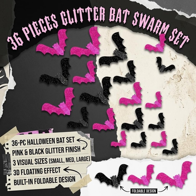 36PCS 3D Pink Glitter Parper Bat Wall Decals Halloween Decorations