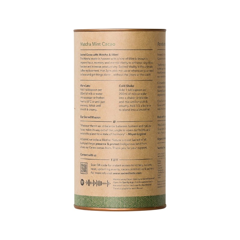 Sacred Taste Organic Drinking Cacao (Matcha Mint Cacao) Vitality 250g