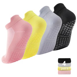 ZTOWOTO 4-Pack Non-Slip Pilates Socks，Soft Yoga Socks For Women With Grip Dots,Grip Socks Full Toe Ankle Grip,Pilates Grip Socks For Home，Workout，Hospital（1 Pair Black/Light Grey/Yellow/Pink）