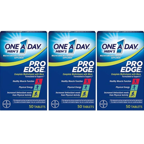 One A Day Men’s Pro Edge Multivitamin, Supplement with Vitamins A, C, E, and B-Vitamins for Energy Support and Vitamin D and Magnesium for Healthy Muscle Function, 50 Count (Pack of 3)