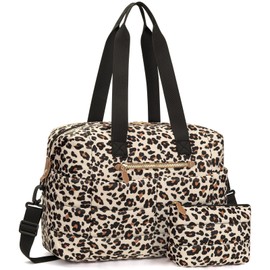 Travel Duffel Bag, Puffer Gym Bag for Women Lightweight Weekender Overnight Bags, Carry On Tote For Spirit Airlines Personal Item Bags with Toiletry Pouch (Leopard, M)