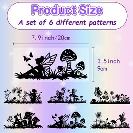 CREATCABIN 6Pcs Fairy Mushroom Silhouettes Mason Jar Decor PVC Laser Cut Fairies Scrapbook Cardboard Solar Lantern Hanging Cutouts Ornaments for Lantern Frosted Glass Window Black 8x3.5Inch-No Sticker
