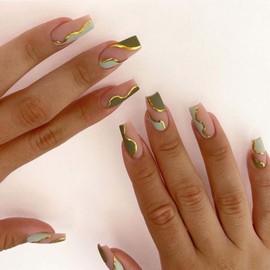 Hkanlre Coffin Press on Nails Gold Line Medium Fake Nails Acrylic Geometry False Nails Full Cover Nails for Women and Girls 24PCS