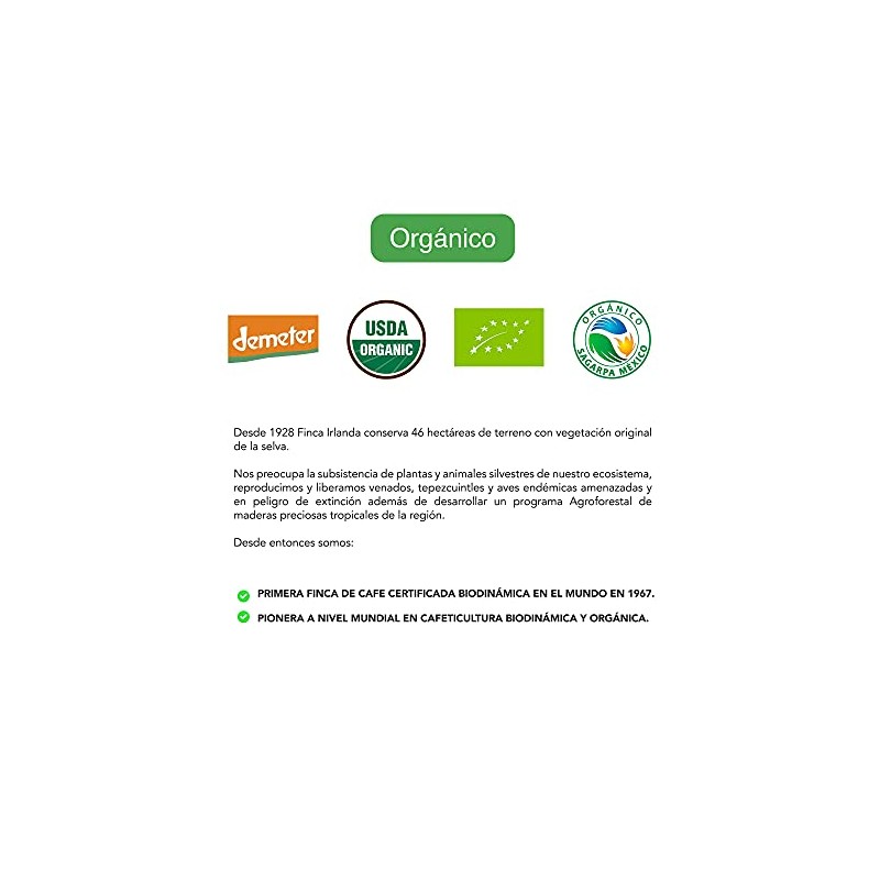 Café Orgánico Biodinámico Finca Irlanda de Chiapas 100% Arabica, 454G.