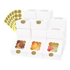 Pack De 50 Mini Cajas Para Pasteles Con Ventana Y Etiquetas Cartón Alimentario Blanco De 10x10x6.5 Cm Para Regalos Y Donas