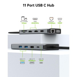 Omars 11 in 1 USB C Docking Station Triple Display, Laptop Docking Station Dual Monitor with Dual 4K HDMI, 4 USB, SD/TF, 100W PD, 1000Mbps Ethernet, VGA, USB C Dock for MacBook Pro, Lenovo, Dell, HP