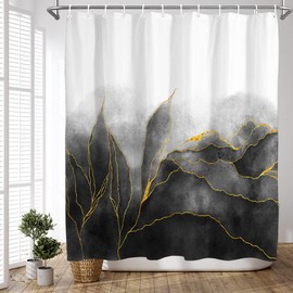 De-Mediocre Black and Gold Shower Curtain Stylish Ombre Black Marble Bath Art Decor Curtains Abstract White Golden Leaves Fabric Curtains for Bathroom Waterproof Polyester 72 x 72 Inches