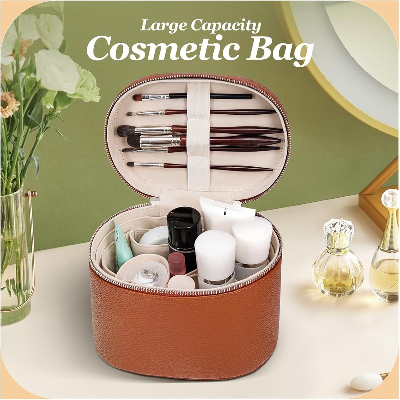 Estuche para cosméticos de piel, bolsa de maquillaje portátil, compartimento