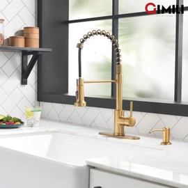 GIMILI Brushed Gold Kitchen Faucet with Soap Dispenser, Single Handle Spring Pull Out Kitchen Sink Faucets with Pull Down Sprayer