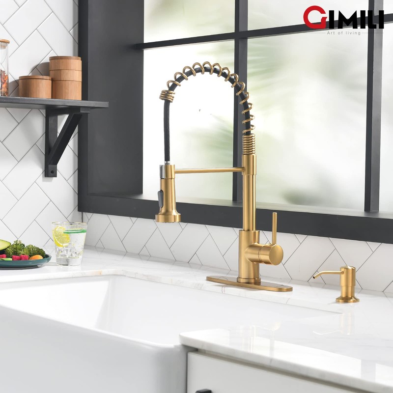 GIMILI Brushed Gold Kitchen Faucet with Soap Dispenser, Single Handle
