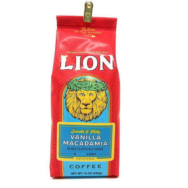 Hawaii Lion Coffee Vanilla Macadamia, Ground, Light Roast, 10 Oz. Bag with Bag Clip Smooth & Nutty