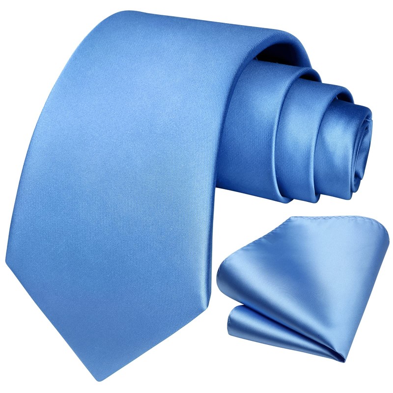 HISDERN Tie Extra Long Plain Light Blue Men's Tie Handkerchief