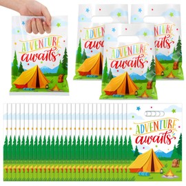 Motipuns 100 Pcs Camping Party Favor Bags Adventure Awaits Goody Bags Camping Themed Party Favors Travel Plastic Gifts Bags for Adventure Tour Themed Birthday Party Supplies Decorations