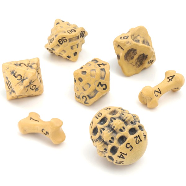 DND Dice Set - Set of 7 Polyhedral Skull & Bone RPG Dice - D20, D12,%D10, D10, D8, D6 & D4 Sided. Cool & Unique Gift for Dungeons & Dragons, Warhammer, D&D, Pathfinder, D and D. (Ancient Bone Yellow)